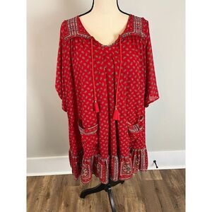 Free People Penny Lane Red Paisley Print Ruffle Peasant Lined Shift Dress M